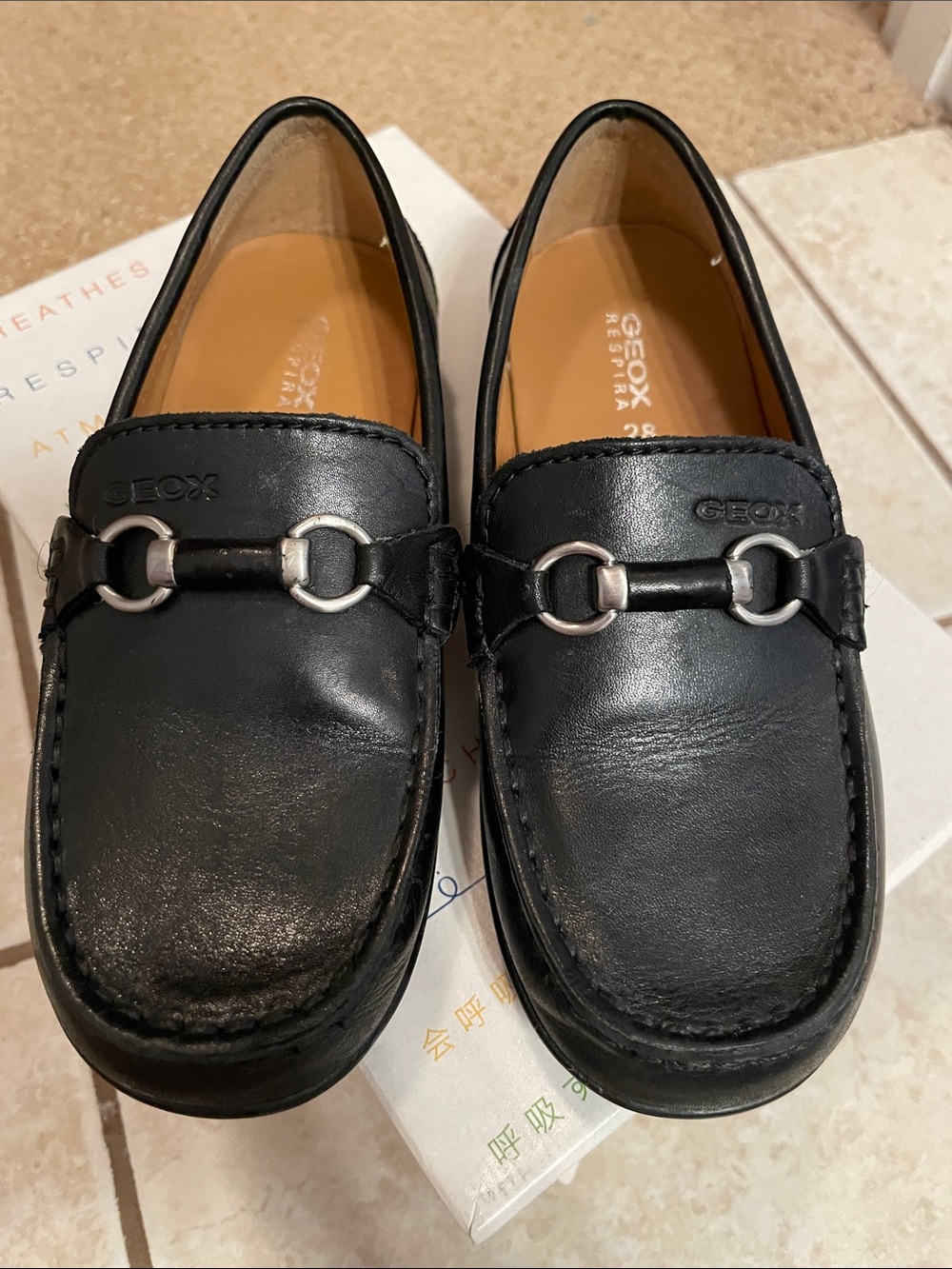 Geox Toddler Boys’ Black Leather Loafers with Silver Bit